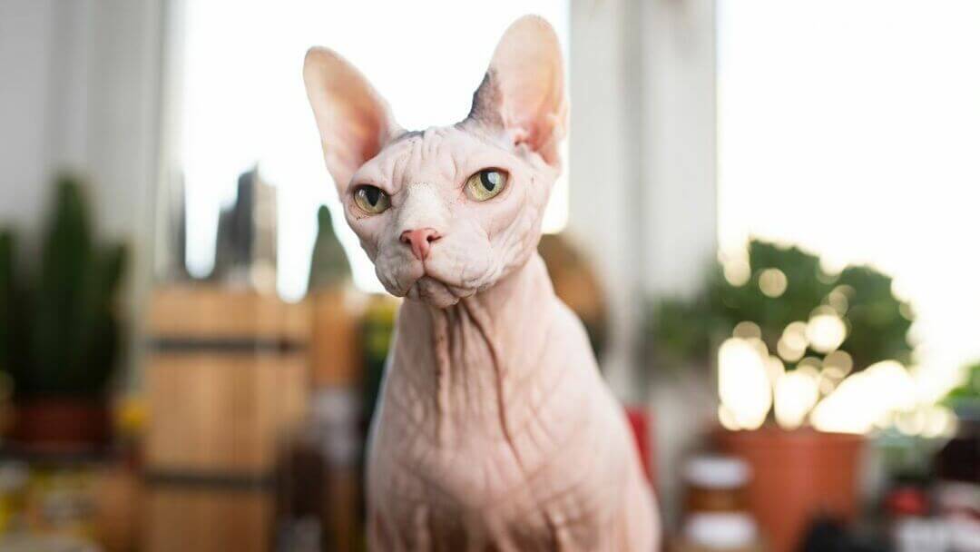 Gatto Donskoy con occhi verde chiaro.