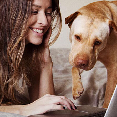 Donna e cane guardando il computer