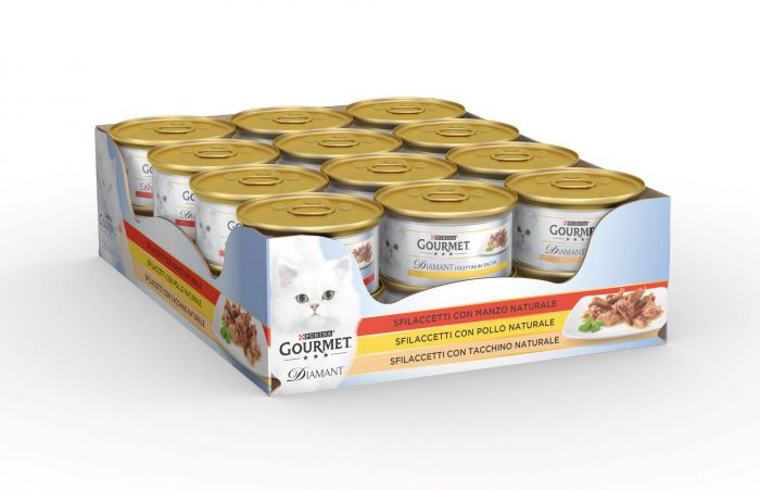 GOURMET Diamant Gatto Vassoio Assortito Sfilaccetti con Pollo Naturale, Manzo Naturale, Tacchino Naturale