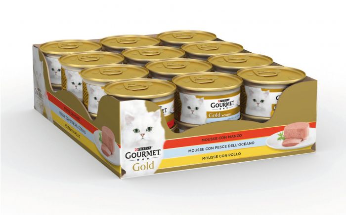 GOURMET Gold Gatto Mousse con Manzo, con Pesce dell'Oceano, con Pollo