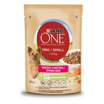 PURINA ONE MINI < 10kg Bocconi in salsa Cane Controllo del Peso con Tacchino, Carote e Piselli