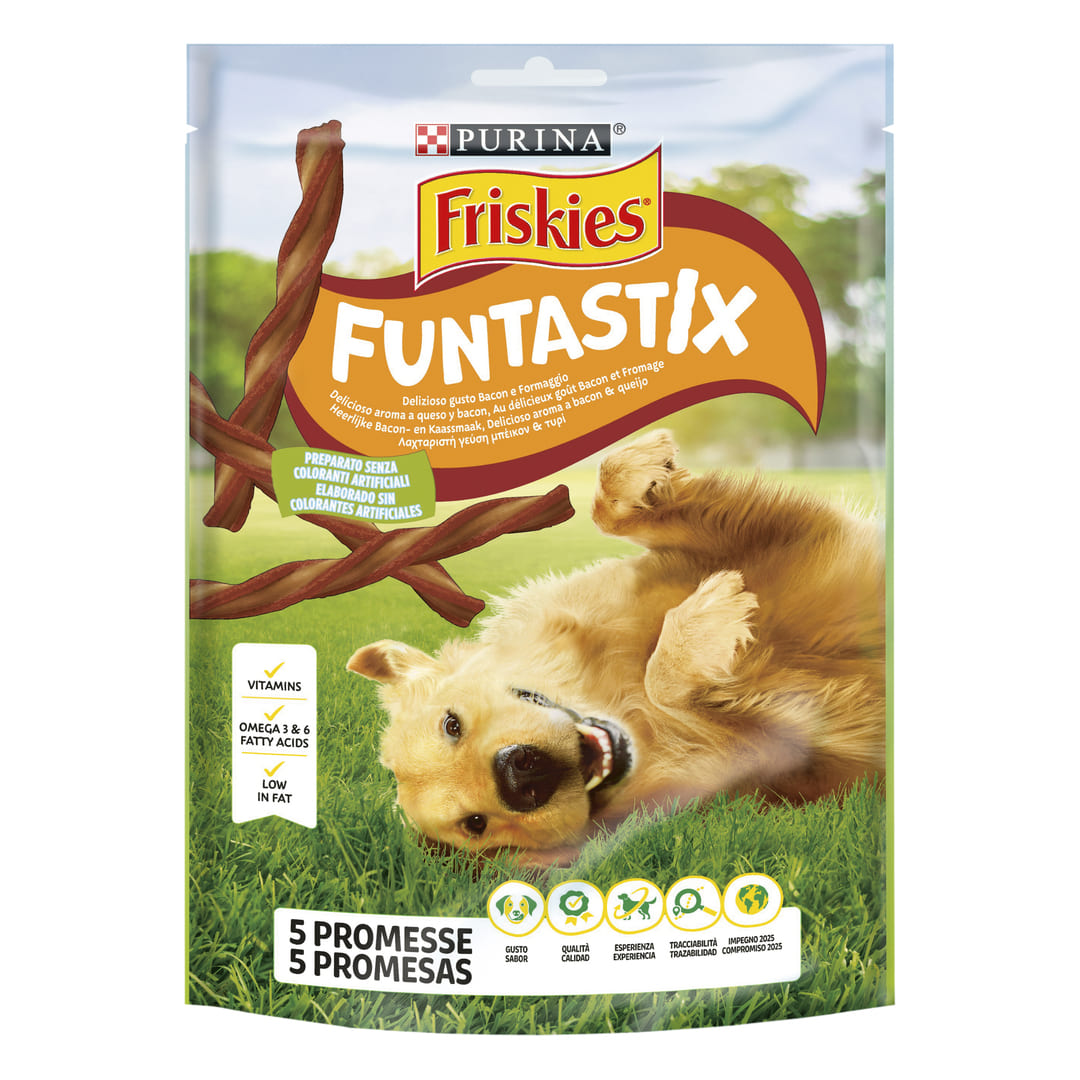 FRISKIES Funtastix Snack Cane al delizioso gusto di Bacon e Formaggio