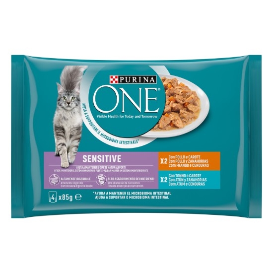 PURINA ONE Filettini in salsa Gatto Sensitive Con Pollo e Carote, con Tonno e Carote 4x85g