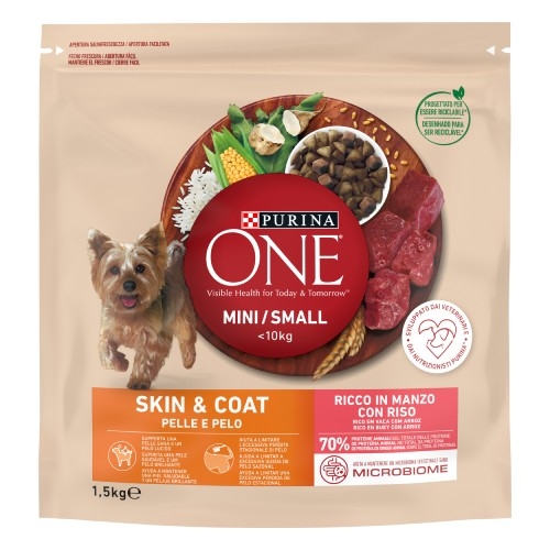 PURINA ONE MINI < 10kg Crocchette Cane Pelle e Pelo con Manzo e Riso 1,5kg