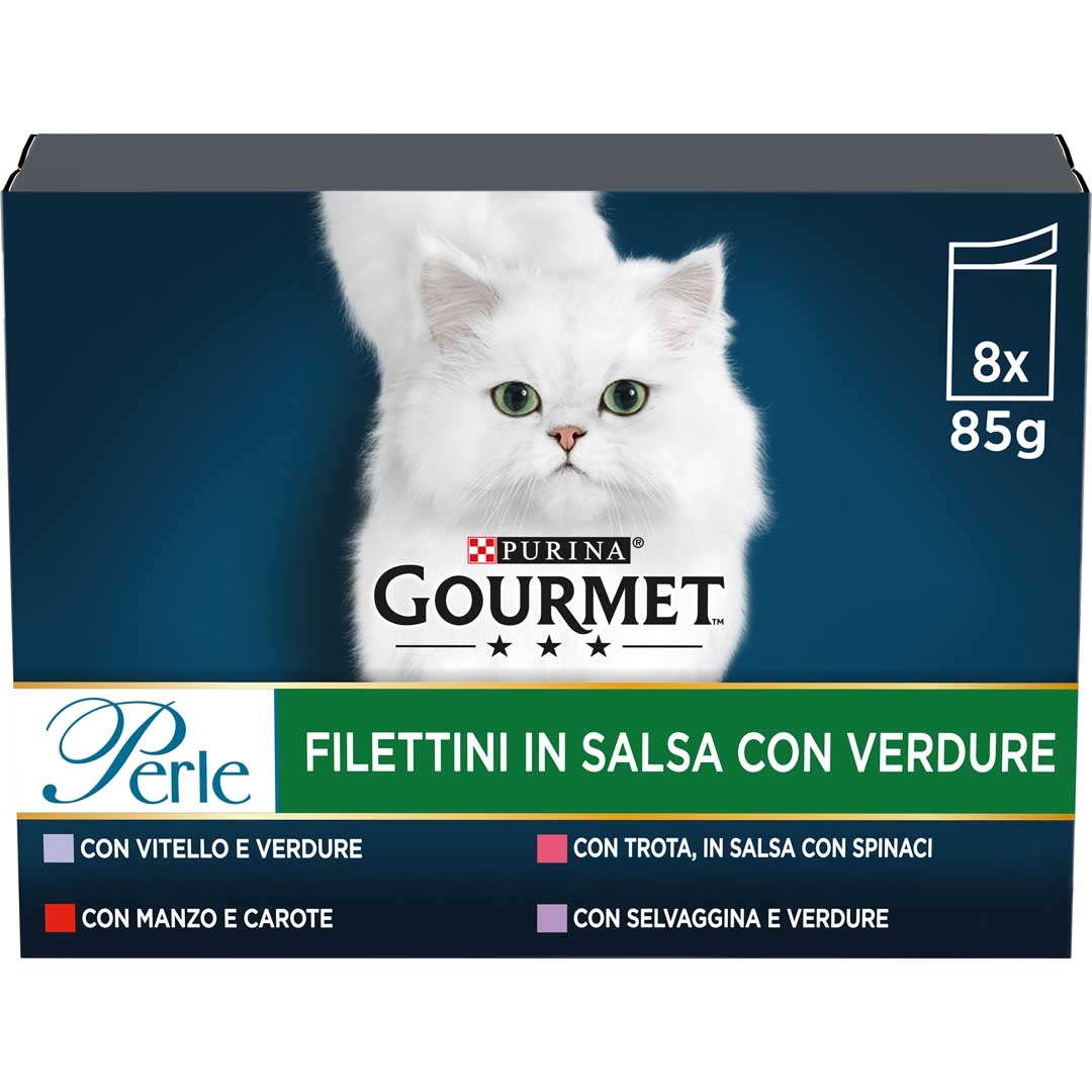 GOURMET Perle Gatto Filettini in Salsa con Verdure con Vitello, Selvaggina, Manzo, Trota
