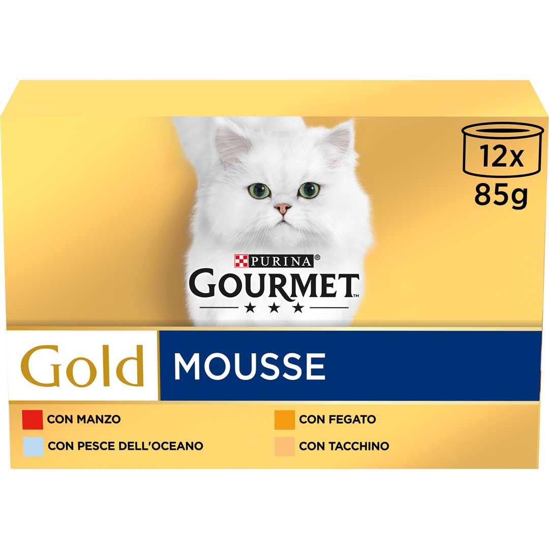 GOURMET Gold Gatto Mousse con Manzo, Pesce dell'Oceano, Tacchino, Fegato