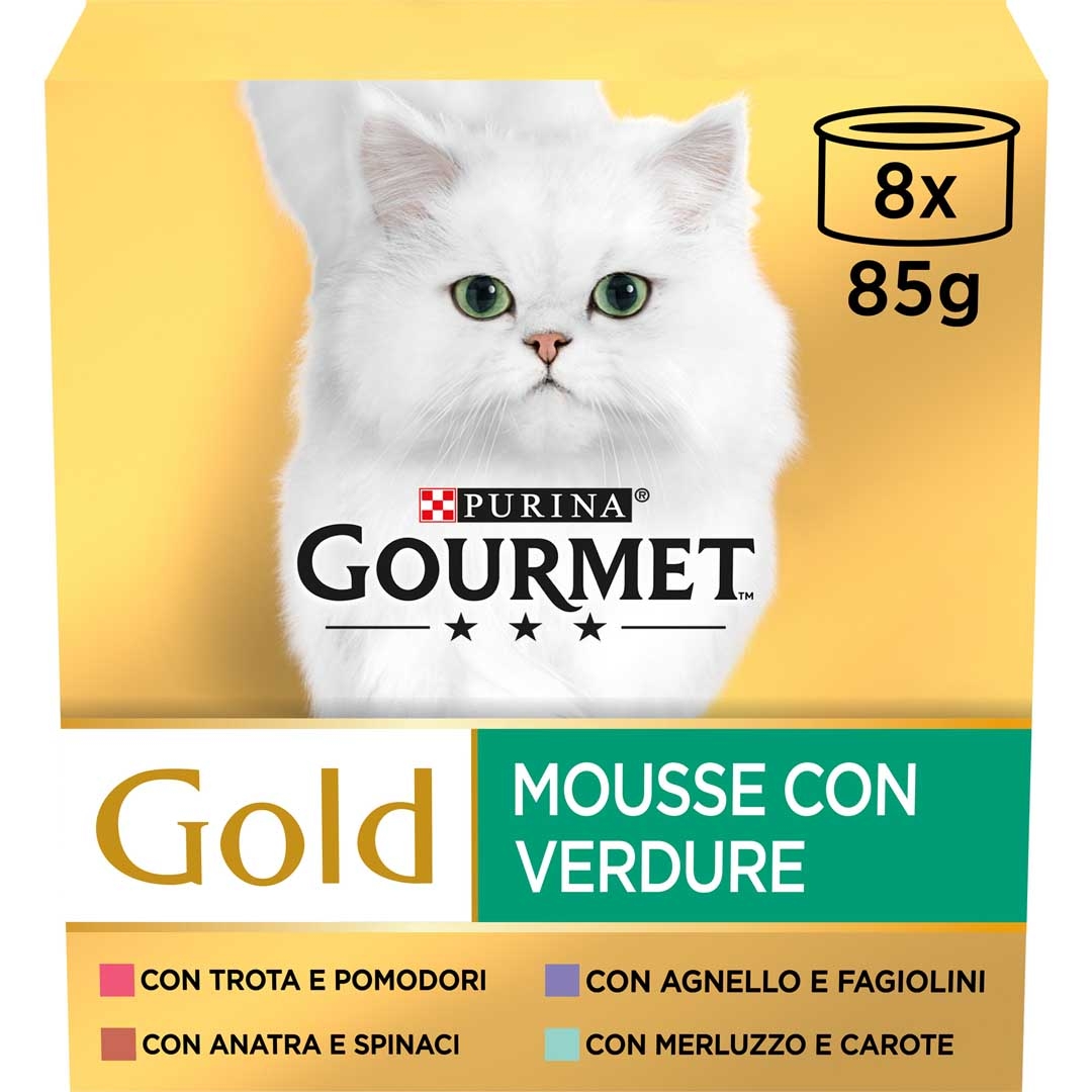 GOURMET Gold Gatto Mousse con Verdure con Agnello, Anatra, Trota, Merluzzo