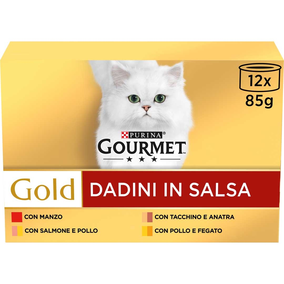 GOURMET Gold Gatto Dadini in Salsa con Manzo, Salmone e Pollo, Tacchino e Anatra, Pollo e Fegato