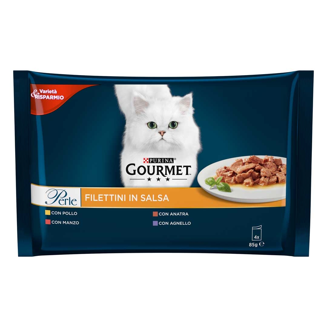 GOURMET Perle Gatto Filettini in Salsa con Manzo, Pollo, Agnello, Anatra