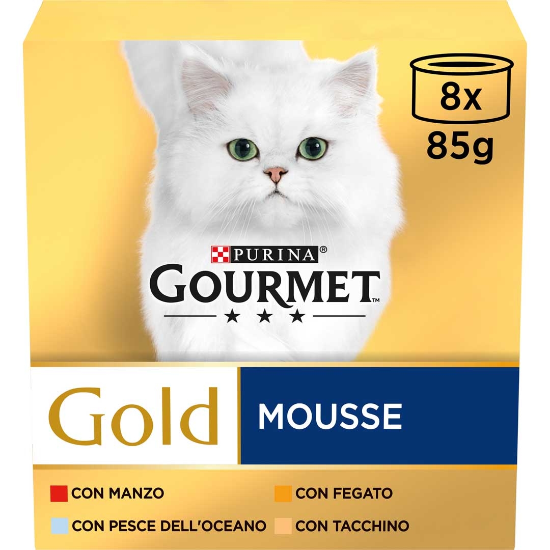 GOURMET Gold Gatto Mousse con Pesce, con Fegato, con Tacchino, con Manzo Prelibato