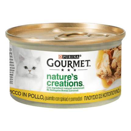 Gourmet Nature's Creations, Ricco in Pollo, guarnito con spinaci e pomodori