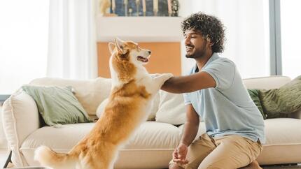 Un uomo felice mentre addestra il suo cane
