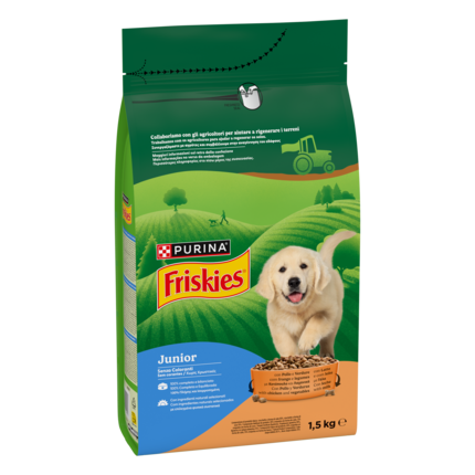 FRISKIES® Junior crocchette per cani con Pollo, Verdure e con Latte in confezione da 1,5kg