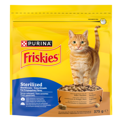FRISKIES® Sterilized crocchette per gatti adulti sterilizzati con un gustoso mix di Pollo e Tacchino e con Verdure in confezi