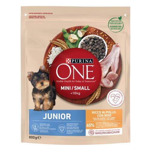 PURINA ONE MINI < 10kg Crocchette Cane Junior Ricco in Pollo, con Riso 800g