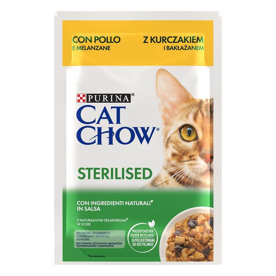 CAT CHOW Adult 1+ Sterilised, teneri pezzetti in salsa con pollo e melanzane
