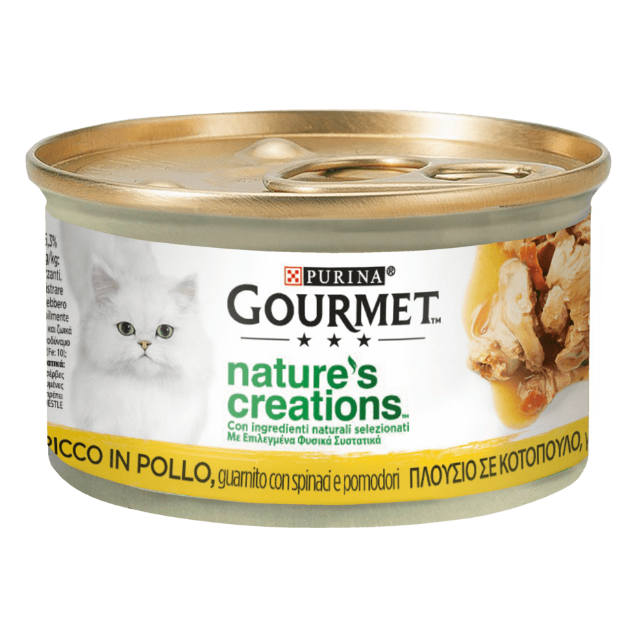 Gourmet Nature's Creations, Ricco in Pollo, guarnito con spinaci e pomodori