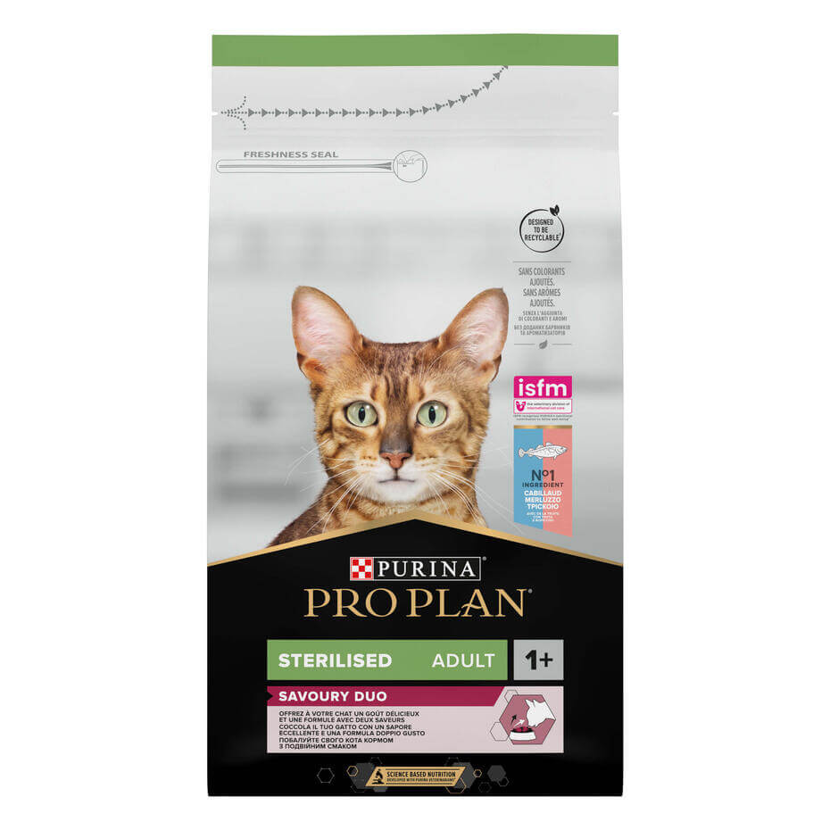 PURINA® PRO PLAN® Sterilised Adult 1+ Optisavour Ricco in Merluzzo con Trota