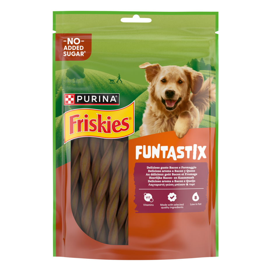 FRISKIES Funtastix Snack Cane al delizioso gusto di Bacon e Formaggio