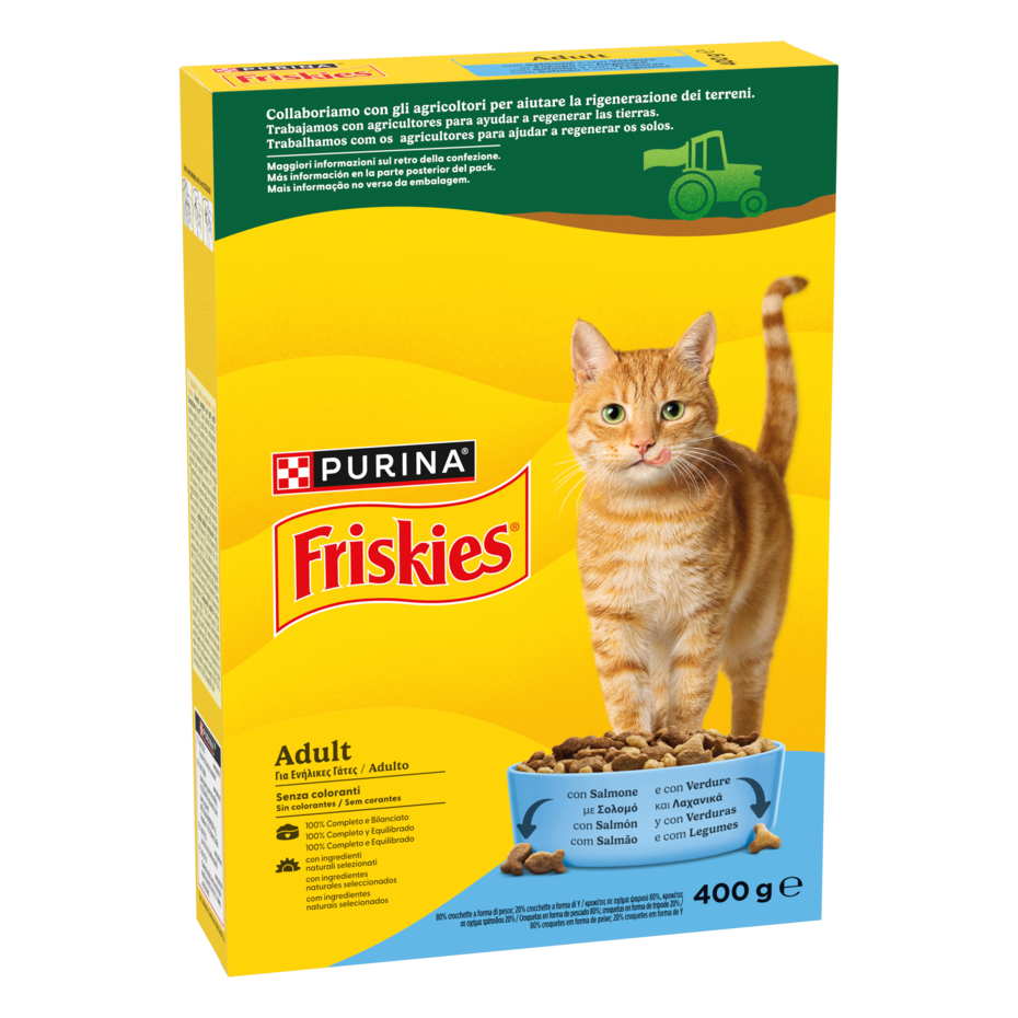 Friskies® Adult con un gustoso mix di Salmone e  Verdure in scatola di cartone da 400g