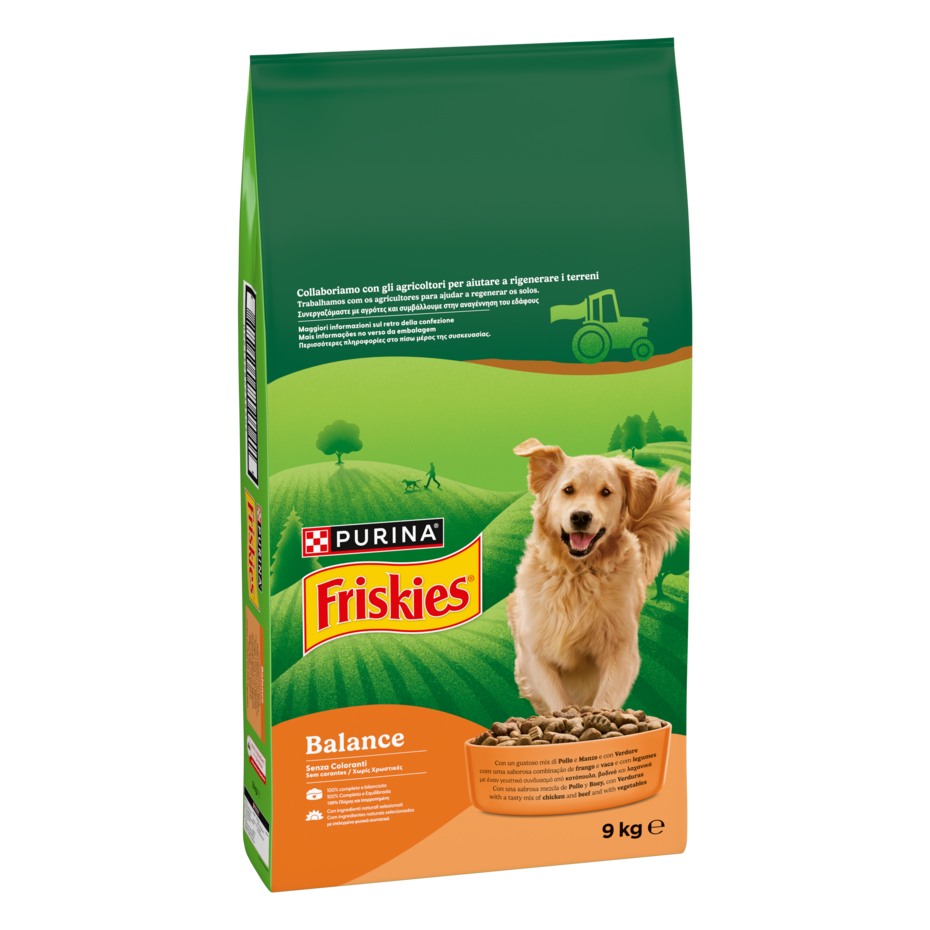 FRISKIES® Balance crocchette per cani adulti con un gustoso mix di Pollo e Manzo e con Verdure in confezione da 9kg