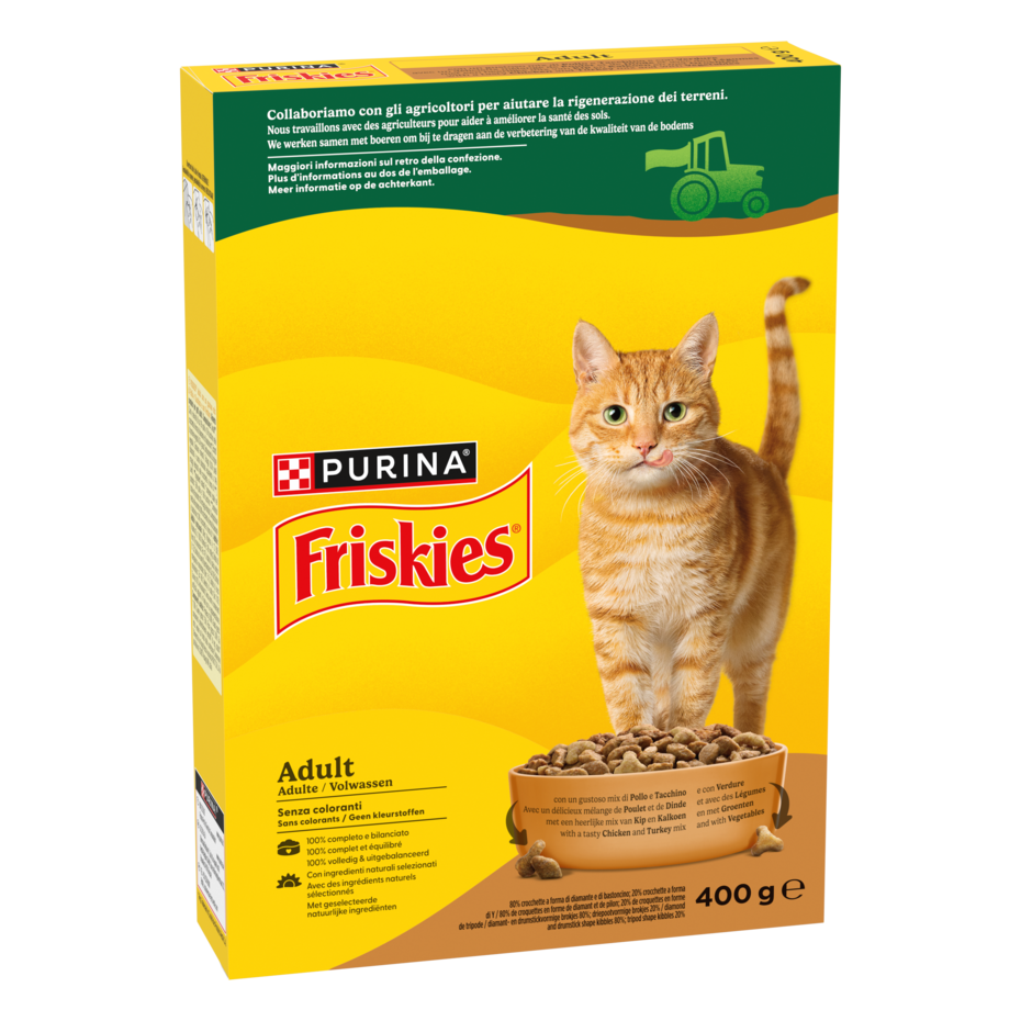 FRISKIES® Adult con un gustoso mix di Pollo e Tacchino e con Verdure in scatola di cartone da 400g