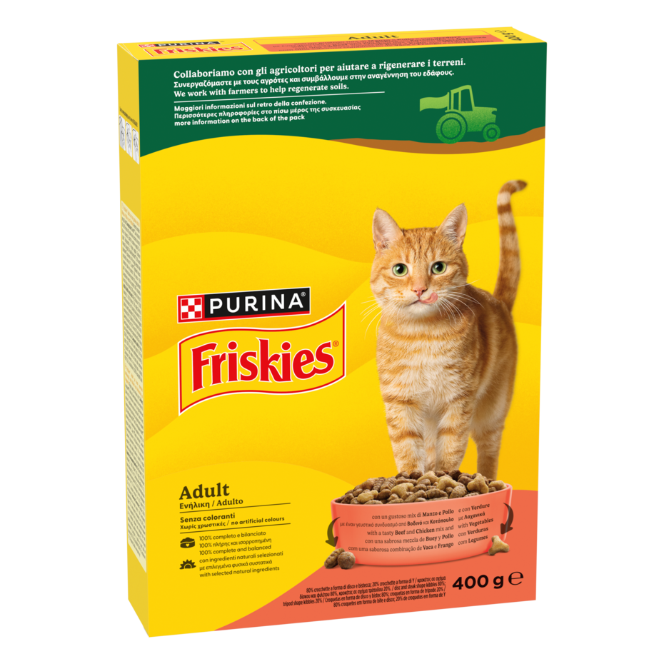 Friskies® Adult con un gustoso mix di Manzo e Pollo e con Verdure in scatola di cartone da 400g