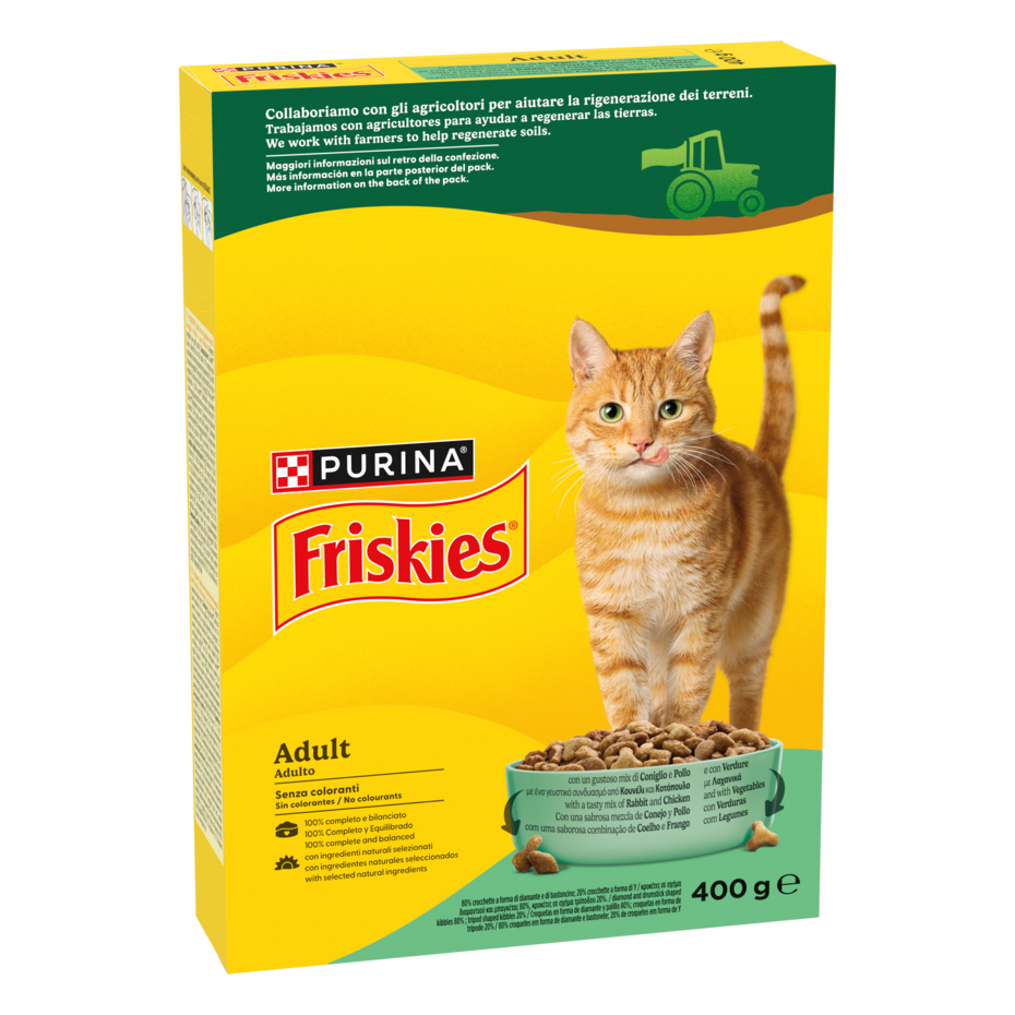 FRISKIES® Adult con un gustoso mix di Coniglio e Pollo e con Verdure in scatola di cartone da 400g