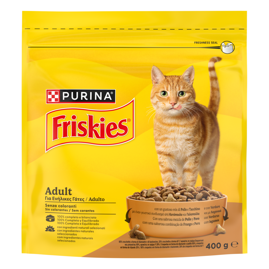 FRISKIES® Adult crocchette per gatti adulti con un gustoso mix di Pollo e Tacchino e con Verdure in confezione da 400g