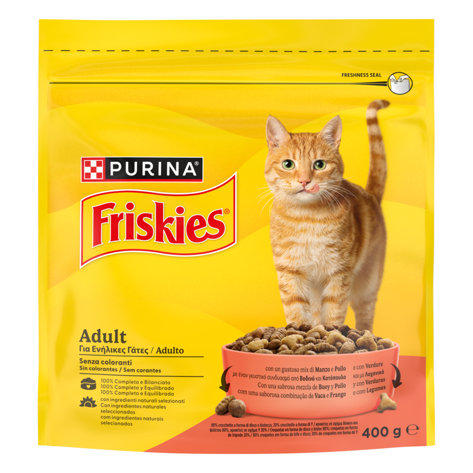 Friskies® Adult con un gustoso mix di Manzo e Pollo e con Verdure in confezione da 400g