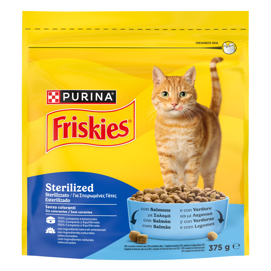 FRISKIES® Sterilized crocchette per gatti adulti sterilizzati con Salmone e con Verdure in confezione da 375g