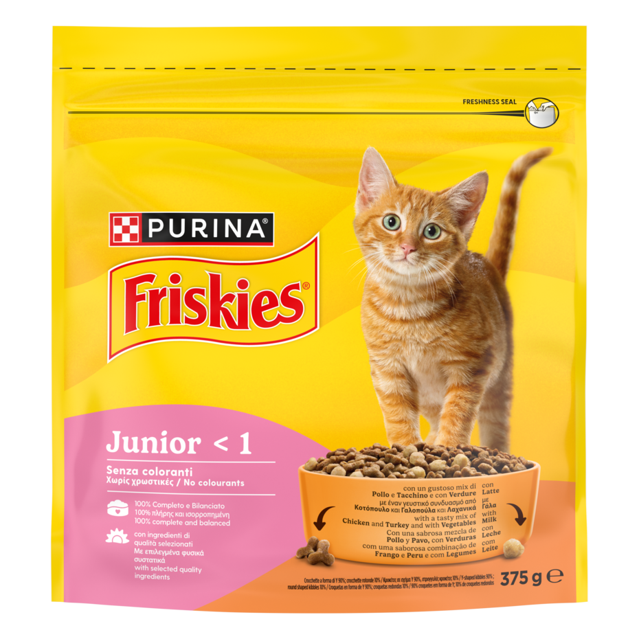 FRISKIES® Junior con un gustoso mix di Pollo e Tacchino, con Latte e con Verdure in confezione da 375g