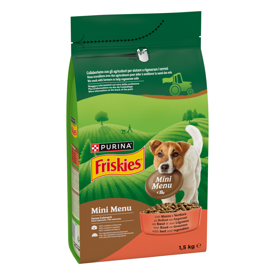 FRISKIES® Mini Menu crocchette per cani di piccola taglia con Manzo e Verdure in confezione da 1,5kg