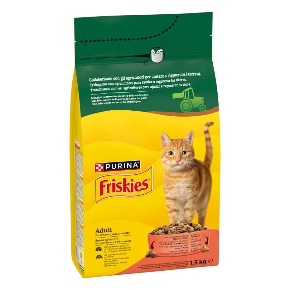 Friskies® Adult con un gustoso mix di Manzo e Pollo e con Verdure in confezione da 1,5kg