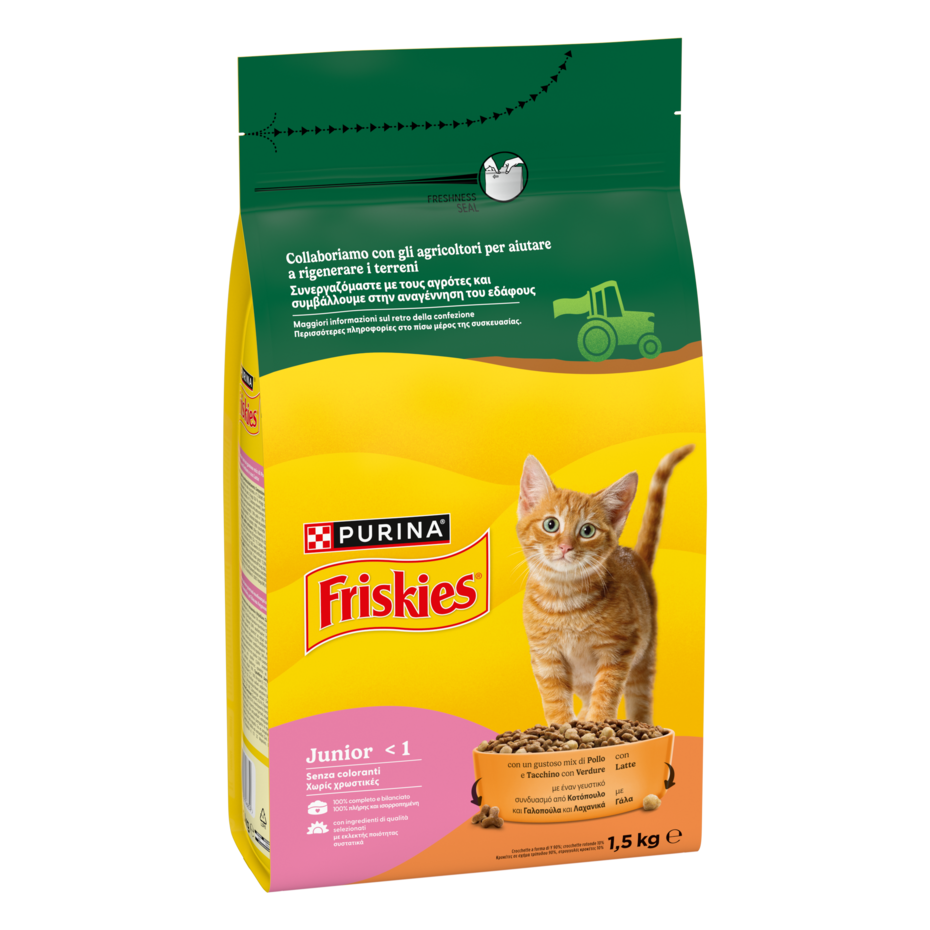 FRISKIES® Junior con un gustoso mix di Pollo e Tacchino, con Latte e con Verdure in confezione da 1,5kg