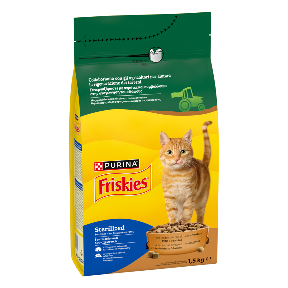 FRISKIES® Sterilized crocchette per gatti adulti sterilizzati con un gustoso mix di Pollo e Tacchino e con Verdure in confezi