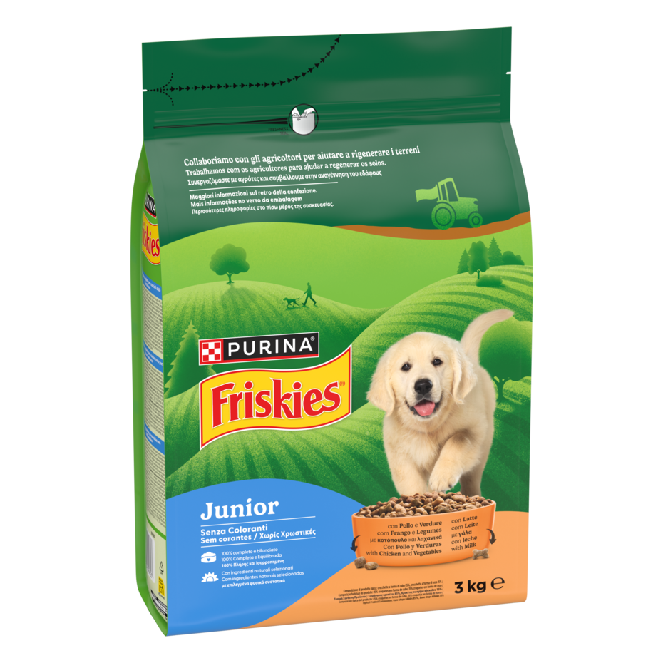 FRISKIES® Junior crocchette per cani con Pollo, Verdure e con Latte in confezione da 3kg