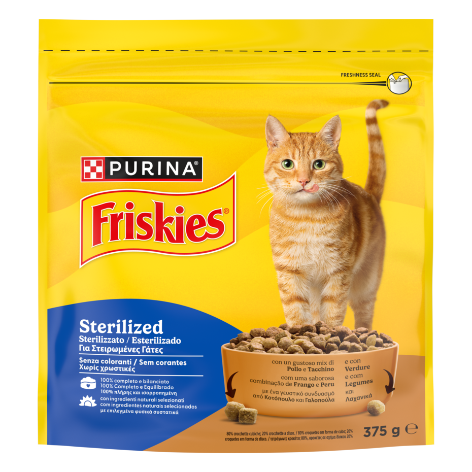 FRISKIES® Sterilized crocchette per gatti adulti sterilizzati con un gustoso mix di Pollo e Tacchino e con Verdure in confezi
