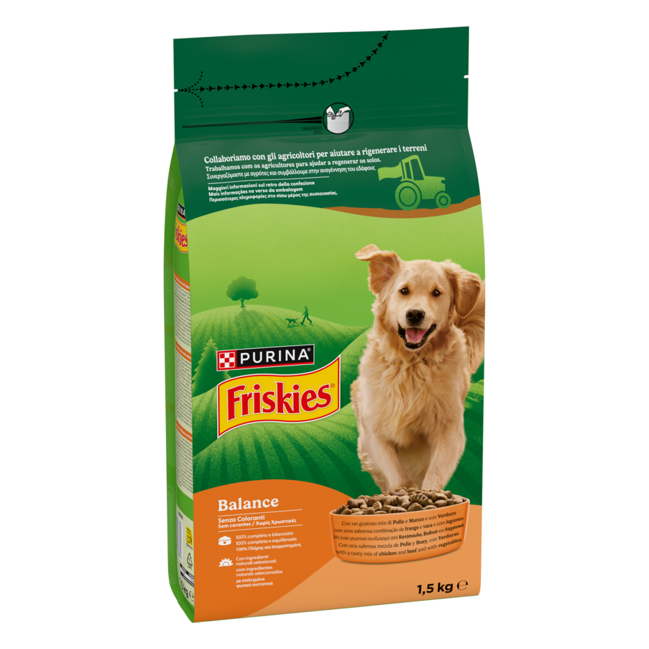 FRISKIES® Balance crocchette per cani adulti con un gustoso mix di Pollo e Manzo e con Verdure in confezione da 1,5kg