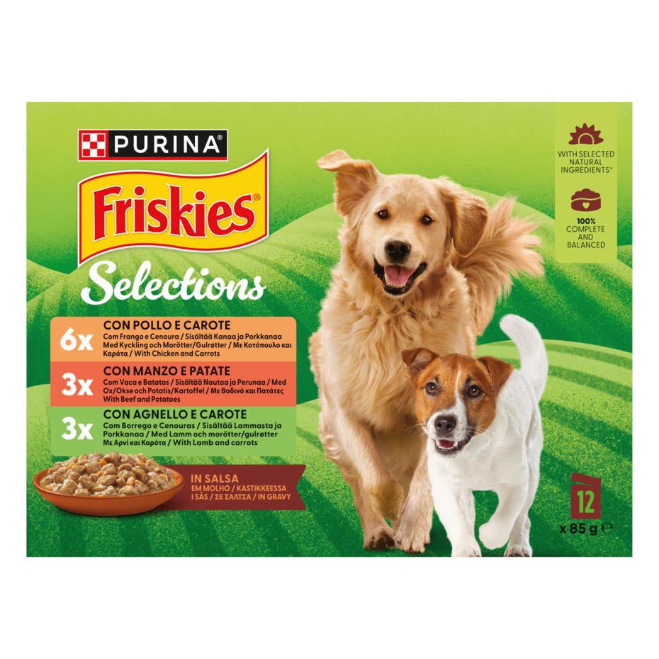FRISKIES® Selezioni Bocconcini x6 con Pollo e Carote, x3 con Agnello e Carote, x3 con Manzo e Patate in salsa Multipack 12x85