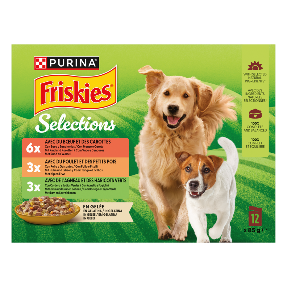 FRISKIES® Selezioni Bocconcini x6 con Manzo e Carote, x3 con Pollo e Piselli, x3 con Agnello e Fagiolini in Gelatina Multipac