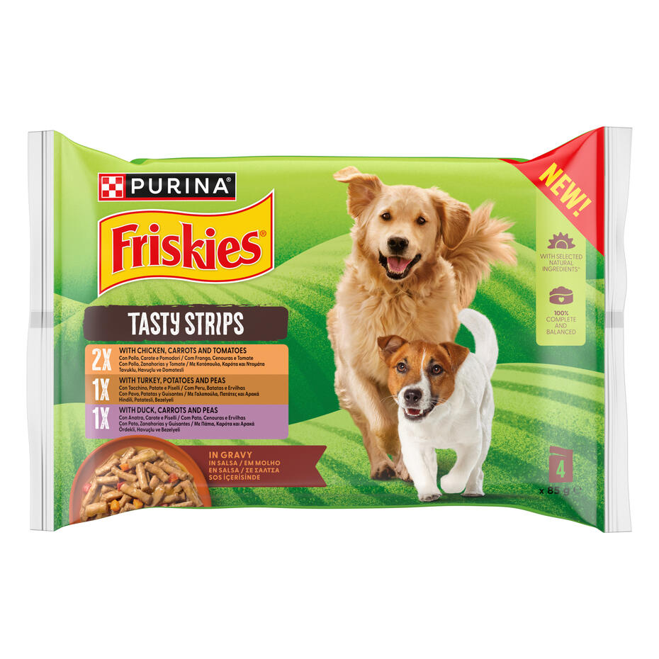 FRISKIES® Tasty Strips con Pollo, Carote e Pomodori in salsa Multipack 4x85g