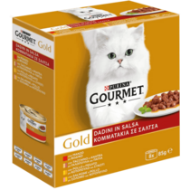 GOURMET Gold Gatto Dadini in Salsa con Manzo, Tacchino e Anatra, Salmone e Pollo, Fegato e Pollo