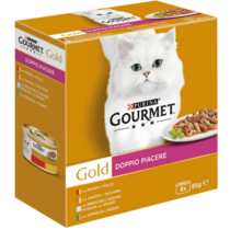 GOURMET Gold Gatto Doppio Piacere con Manzo e Pollo, Coniglio e Fegato, Pesce dell'Oceano, Anatra e Tacchino