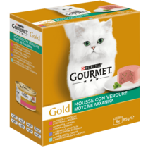 GOURMET Gold Gatto Mousse con Verdure con Agnello, Anatra, Trota, Merluzzo