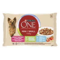 PURINA ONE MINI < 10kg Bocconi in salsa Cane Controllo del Peso con Tacchino, Maiale e Verdure