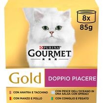 GOURMET Gold Gatto Doppio Piacere con Manzo e Pollo, Coniglio e Fegato, Pesce dell'Oceano, Anatra e Tacchino