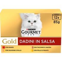 GOURMET Gold Gatto Dadini in Salsa con Manzo, Salmone e Pollo, Tacchino e Anatra, Pollo e Fegato
