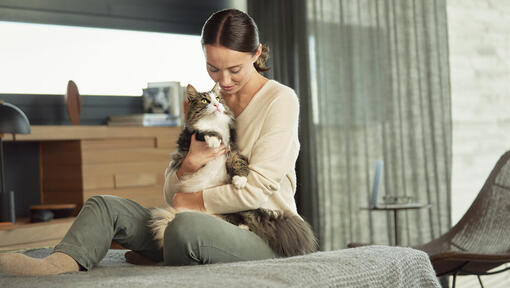 Donna seduta sul letto coccole gatto