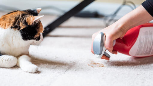 cat looking at owner cleaning a carpet